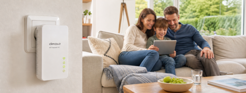 WLAN Repeater einrichten: Schritt für Schritt – devolo WiFi Repeater AC in einer Wandsteckdose im Wohnzimmer, Familie nutzt WLAN auf dem Tablet