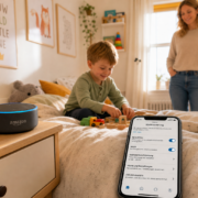 Alexa Kinderschutz aktivieren und ungewollte Käufe verhindern – Kinderzimmer mit Amazon Echo Dot und Eltern-Smartphone, das die Alexa-Kinderschutz-App zeigt