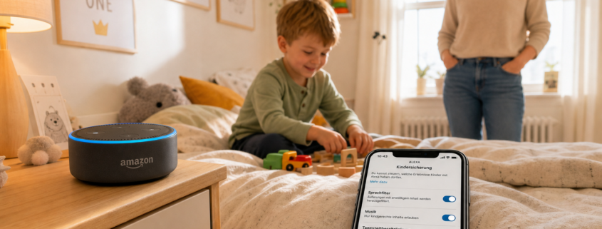 Alexa Kinderschutz aktivieren und ungewollte Käufe verhindern – Kinderzimmer mit Amazon Echo Dot und Eltern-Smartphone, das die Alexa-Kinderschutz-App zeigt
