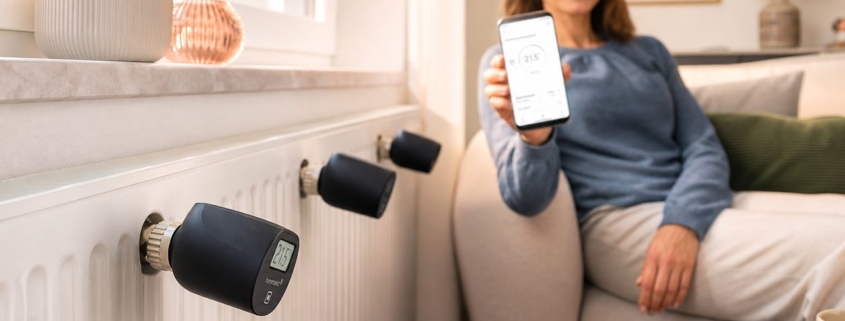 Homematic IP ohne Bohren montieren – so geht's – Homematic IP Heizkörperthermostate montiert auf Heizkörpern in einem Wohnzimmer, Frau steuert die Heizung per Smartphone-App