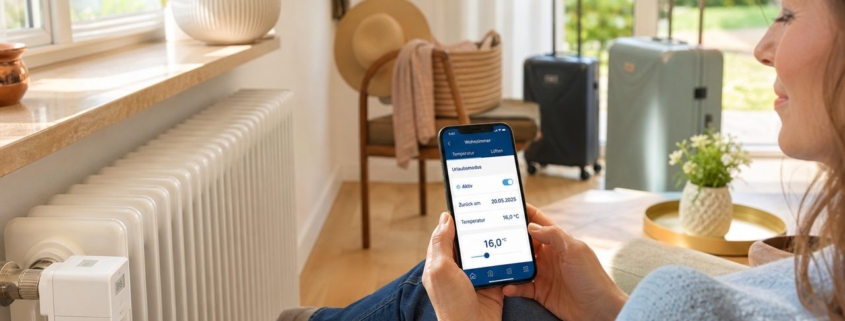 Urlaubs- & Abwesenheitsmodus: Heizung clever einsparen – Frau mit Smartphone in der Hand stellt den Urlaubsmodus der Heizung ein, smarter Heizkörper-Regler an der Wand sichtbar