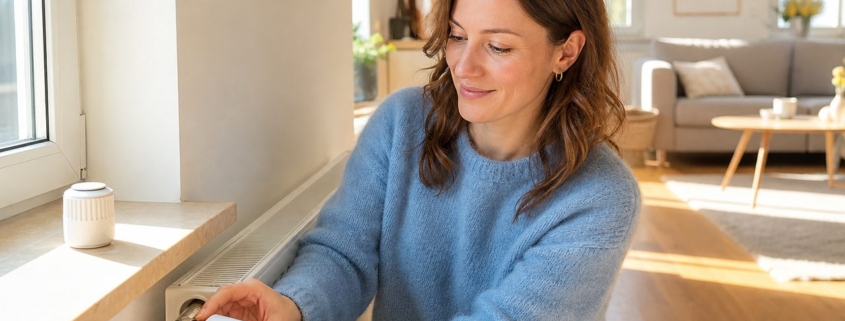 Smarte Heizung in der Mietwohnung nachrüsten – Frau schraubt ein smartes Heizkörperthermostat auf ein Heizungsventil in der Mietwohnung auf – einfache Nachrüstung ohne Werkzeug
