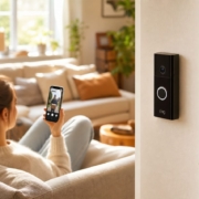 Ring Video Doorbell ohne Klingeldraht: Batterie-Türklingel für die Mietwohnung Ring Video Doorbell ohne Klingeldraht: Batteriebetrieb in Mietwohnung – Ring Battery Video Doorbell Pro an einer Wohnungstür montiert, im Hintergrund Person mit Smartphone auf dem Sofa