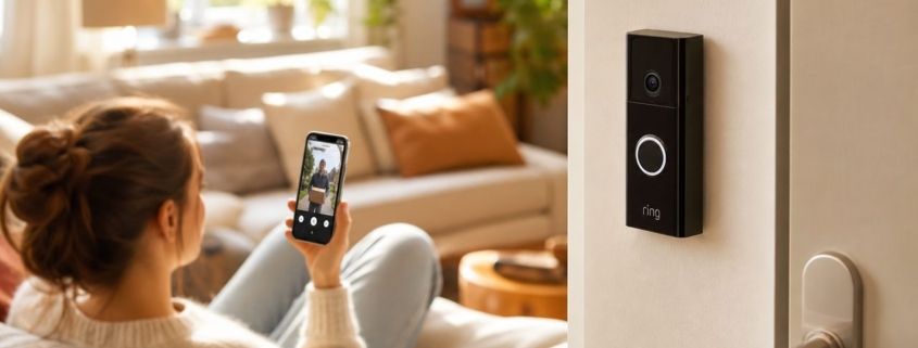 Ring Video Doorbell ohne Klingeldraht: Batteriebetrieb in Mietwohnung – Ring Battery Video Doorbell Pro an einer Wohnungstür montiert, im Hintergrund Person mit Smartphone auf dem Sofa