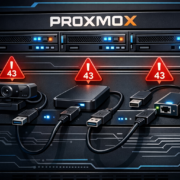 Proxmox VM USB-Passthrough Error Code 43 - Hardware-Durchleitung reparieren – Proxmox USB-Passthrough Error Code 43 - Server mit USB-Geräten und Fehlersymbolen