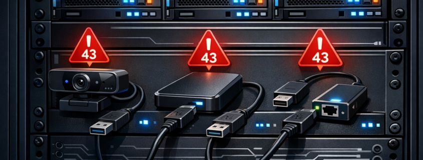 Proxmox VM USB-Passthrough Error Code 43 - Hardware-Durchleitung reparieren – Proxmox USB-Passthrough Error Code 43 - Server mit USB-Geräten und Fehlersymbolen