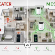 WLAN Repeater vs. Mesh: Was lohnt sich wirklich? – WLAN Repeater vs. Mesh-System Vergleich: Linke Seite zeigt schwaches Repeater-Signal, rechte Seite starkes durchgehendes Mesh-Netzwerk