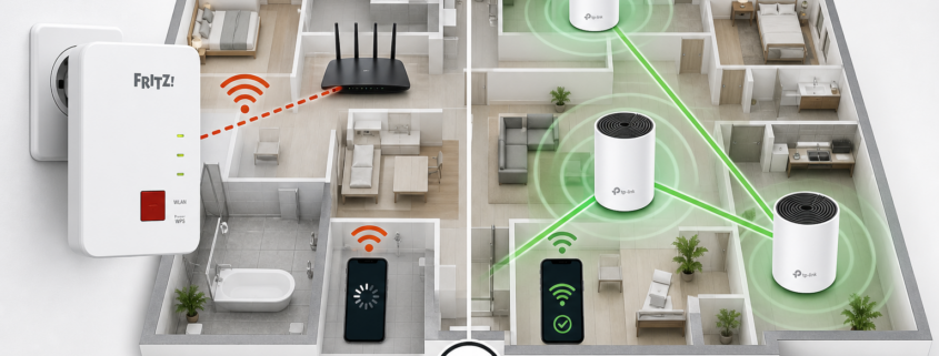WLAN Repeater vs. Mesh: Was lohnt sich wirklich? – WLAN Repeater vs. Mesh-System Vergleich: Linke Seite zeigt schwaches Repeater-Signal, rechte Seite starkes durchgehendes Mesh-Netzwerk