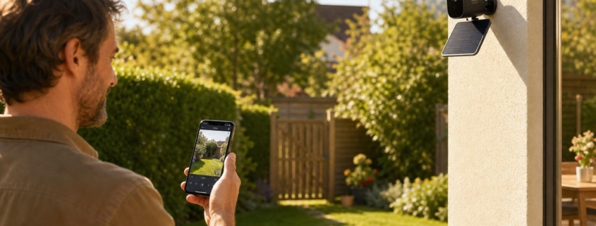 Solar-Überwachungskamera für Garten ohne Stromanschluss – eufy SoloCam S40 Solarkamera an der Hauswand montiert mit Solarpanel, Hausbesitzer überwacht Garten live per Smartphone-App