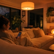 Homematic IP vs. Philips Hue: Was passt zu dir? Homematic vs Philips Hue: Unterschiede in Funktionsumfang und Protokoll – Gemütliches Wohnzimmer am Abend: Person auf dem Sofa mit Smartphone steuert Philips Hue Lampen, die in warmem Orange leuchten