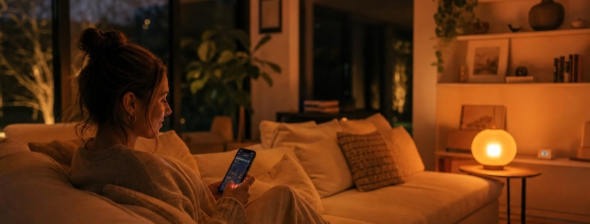 Homematic vs Philips Hue: Unterschiede in Funktionsumfang und Protokoll – Gemütliches Wohnzimmer am Abend: Person auf dem Sofa mit Smartphone steuert Philips Hue Lampen, die in warmem Orange leuchten