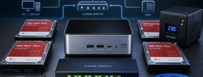 Nas selber bauen 2026 – NAS Selbstbau 2026 Titelbild mit Intel N100 Mini-PC, vier NAS-Festplatten, 2,5GbE Switch und USV