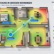 WLAN-Abdeckung in großen Wohnungen: Access Points vs. Mesh-Lösungen – Grundriss einer großen Wohnung mit Mesh-WLAN-Abdeckung und Signalstärkeheatmap - grüne starke Signalbereiche um drei Knoten, rote schwache Zonen ohne Mesh