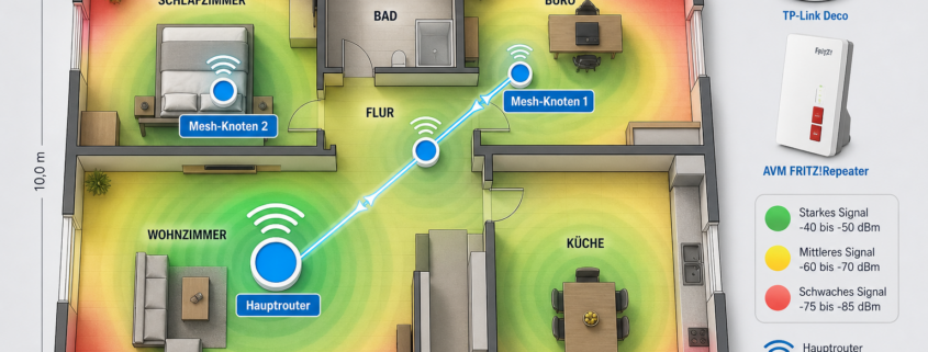 WLAN-Abdeckung in großen Wohnungen: Access Points vs. Mesh-Lösungen – Grundriss einer großen Wohnung mit Mesh-WLAN-Abdeckung und Signalstärkeheatmap - grüne starke Signalbereiche um drei Knoten, rote schwache Zonen ohne Mesh