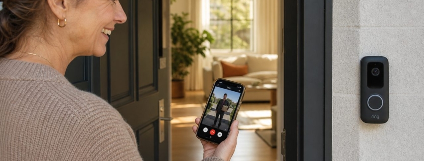 Ring Türklingel: Benachrichtigung aufs Handy einstellen – Person mit Smartphone vor Haustür zeigt Live-Benachrichtigung der Ring Türklingel in der App