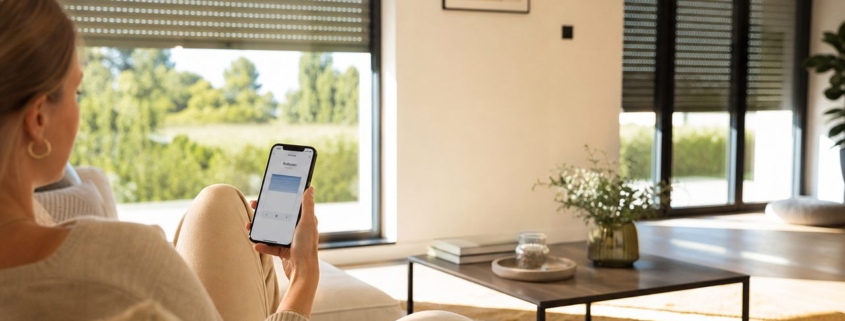 Rolläden automatisch steuern – lohnt sich das? – Mann mit Smartphone steuert automatische Rolläden im Wohnzimmer – Rolladen fährt herunter um Sonne zu blockieren
