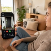 Ring App einrichten: Türklingel mit Handy verbinden – Ring Battery Video Doorbell Plus an der Haustür, Smartphone mit Live-Video in der Hand, Person im Wohnzimmer überwacht die Tür