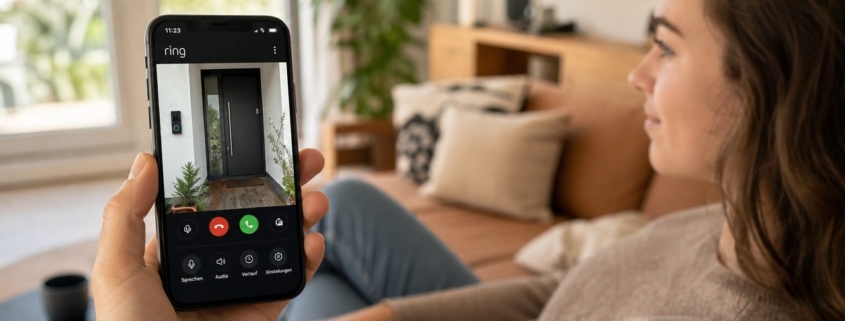 Ring App einrichten: Türklingel mit Handy verbinden – Ring Battery Video Doorbell Plus an der Haustür, Smartphone mit Live-Video in der Hand, Person im Wohnzimmer überwacht die Tür