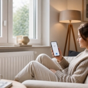 Homematic Heizungssteuerung: Energie sparen leicht gemacht Heizungssteuerung mit Homematic automatisieren und Energiekosten senken – Homematic IP Heizkörperthermostat im Wohnzimmer montiert, Frau bedient die App auf dem Smartphone