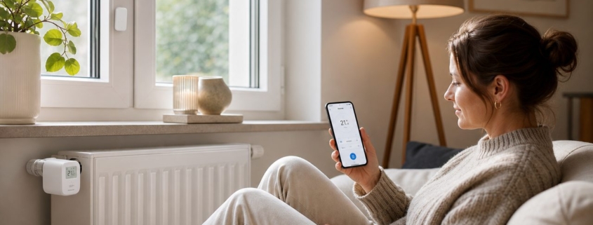 Heizungssteuerung mit Homematic automatisieren und Energiekosten senken – Homematic IP Heizkörperthermostat im Wohnzimmer montiert, Frau bedient die App auf dem Smartphone