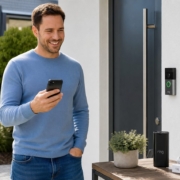 Ring Doorbell Akku laden: So geht es richtig – Ring Battery Video Doorbell Pro an der Haustür mit grünem LED-Ring, daneben eine Person mit Smartphone und das Akkupack mit Ladekabel