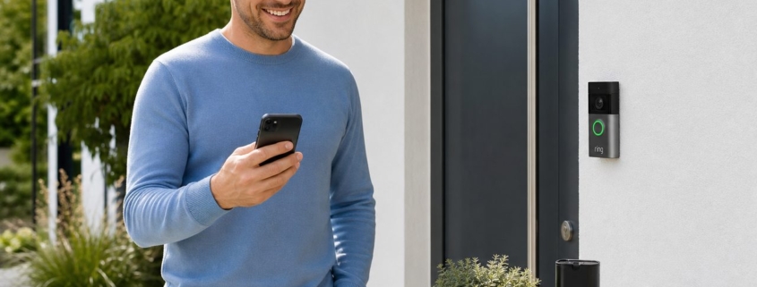 Ring Doorbell Akku laden: So geht es richtig – Ring Battery Video Doorbell Pro an der Haustür mit grünem LED-Ring, daneben eine Person mit Smartphone und das Akkupack mit Ladekabel