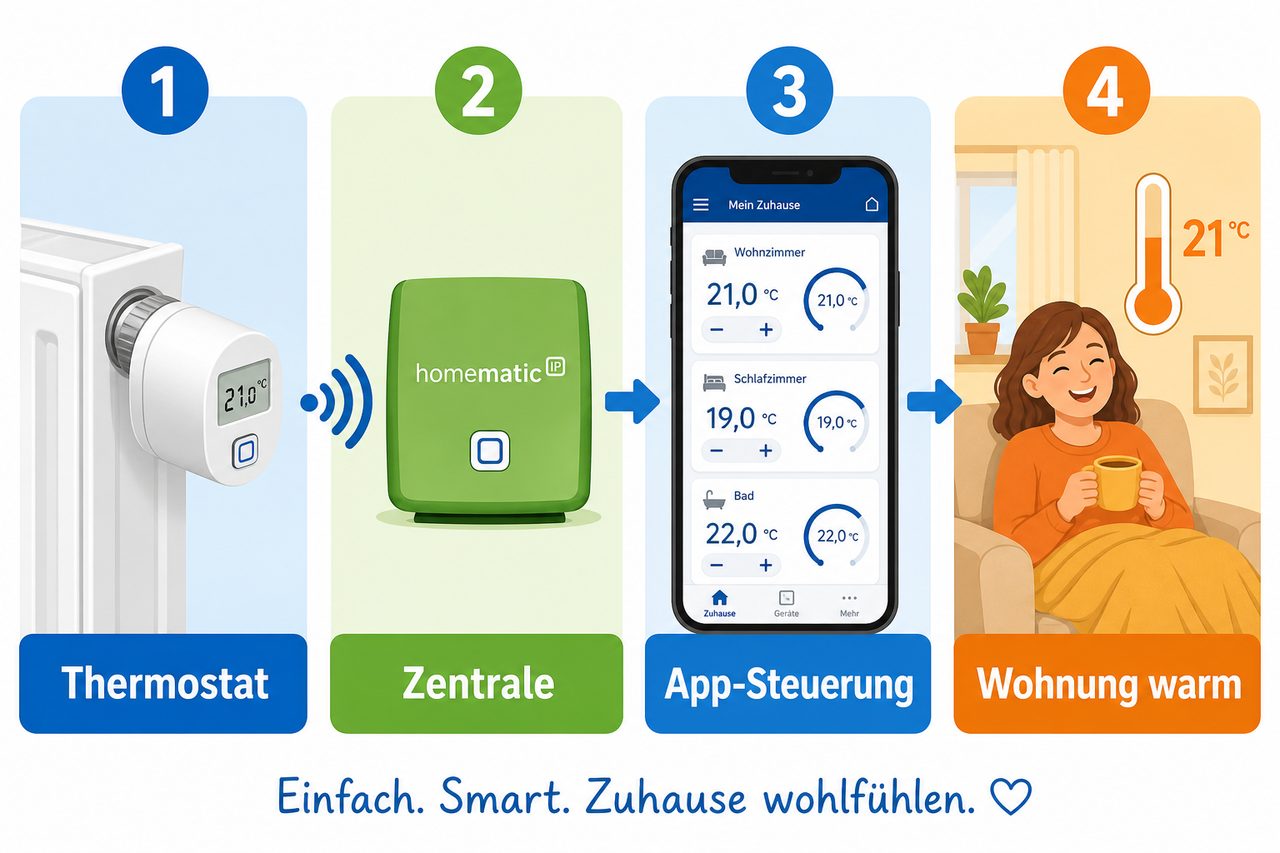 Funktionsweise Homematic IP: Thermostat → Zentrale → App → warme Wohnung