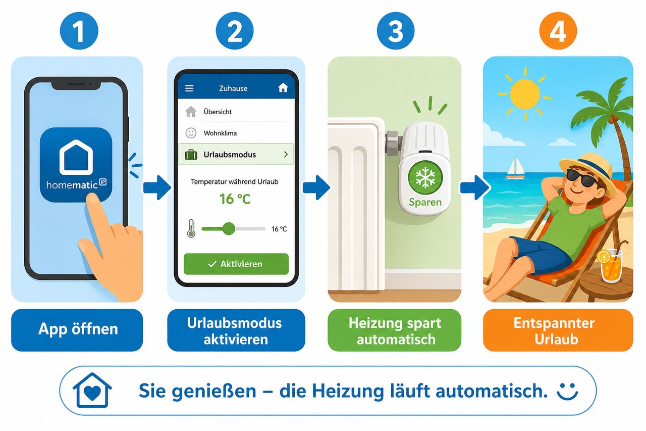 Schritt-für-Schritt Anleitung zum Aktivieren des Urlaubsmodus: App öffnen, Einstellung vornehmen, Heizung spart automatisch