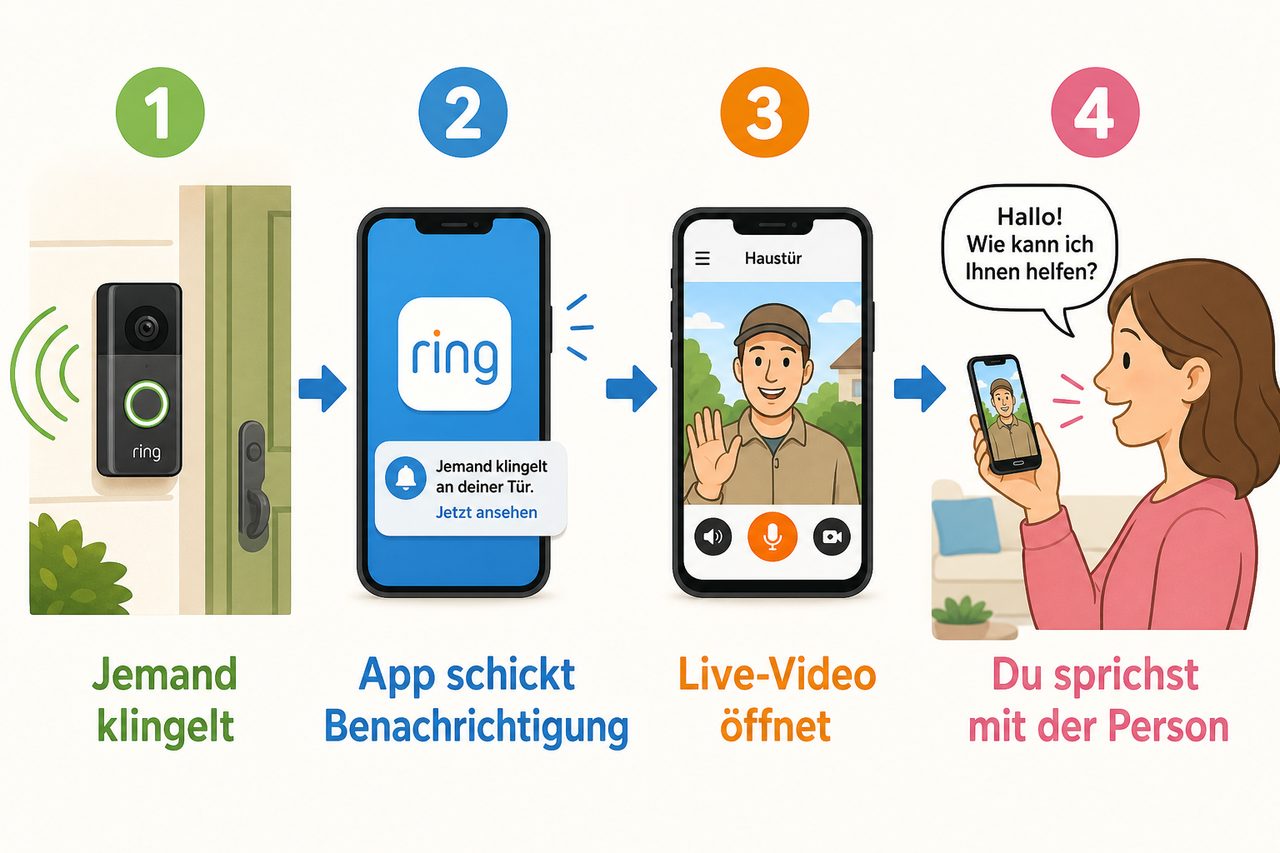 Schritt-für-Schritt-Diagramm: Klingel → Benachrichtigung → Live-Video → Sprachkommunikation