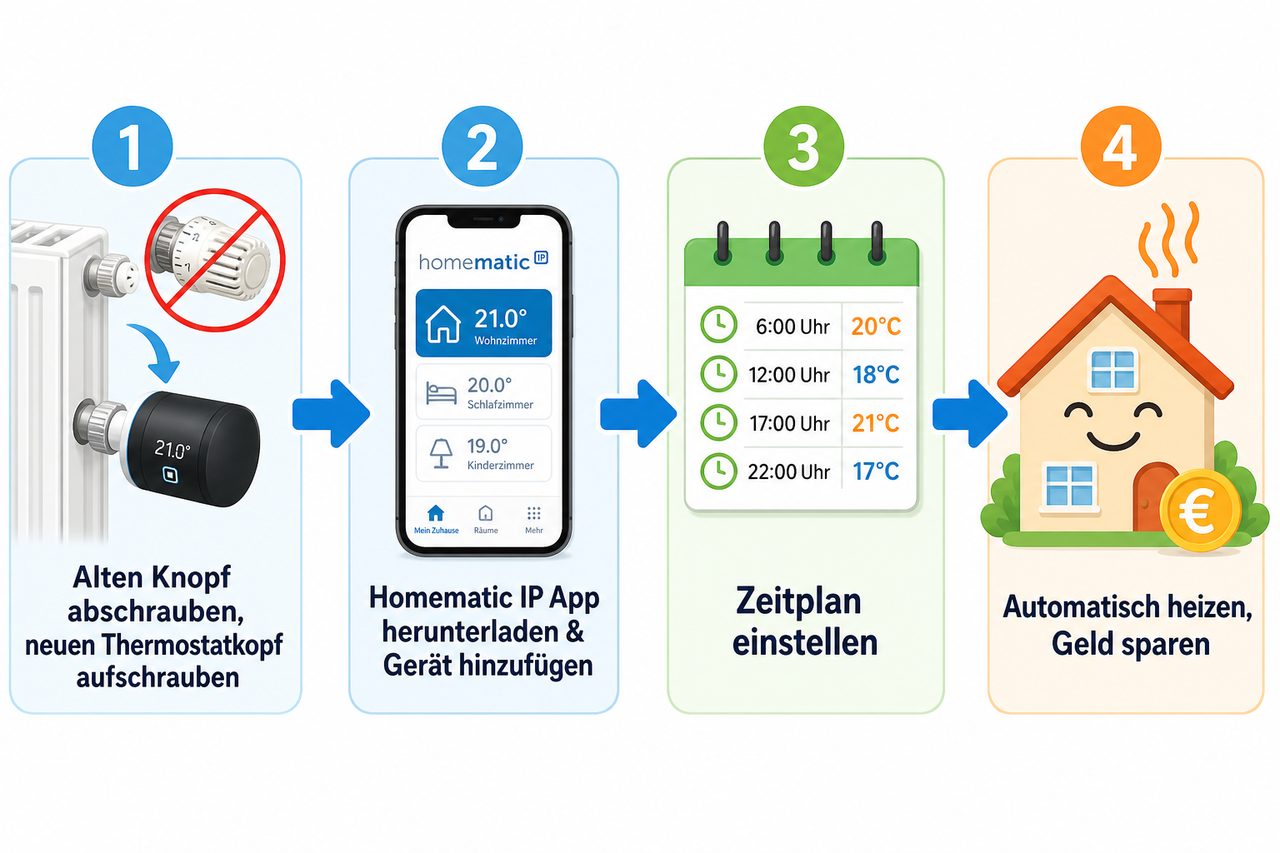 Einfaches Schritt-für-Schritt-Diagramm: Thermostatkopf austauschen, App installieren, Zeitplan einstellen, automatisch sparen