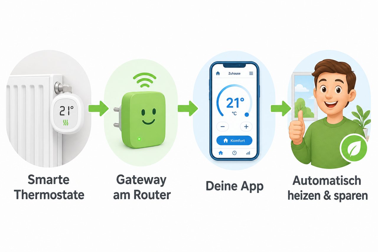 Funktionsweise smarter Thermostate: Gerät → Gateway → App → automatisches Heizen – einfache Schritt-Illustration