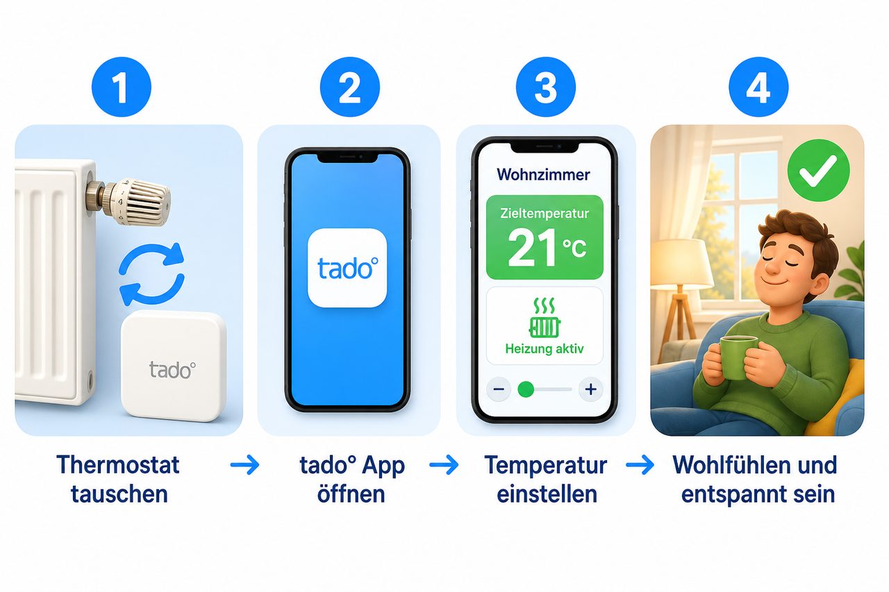 Schritt-für-Schritt Anleitung: tado° Thermostat montieren, App öffnen, Temperatur einstellen, Heizung regeln