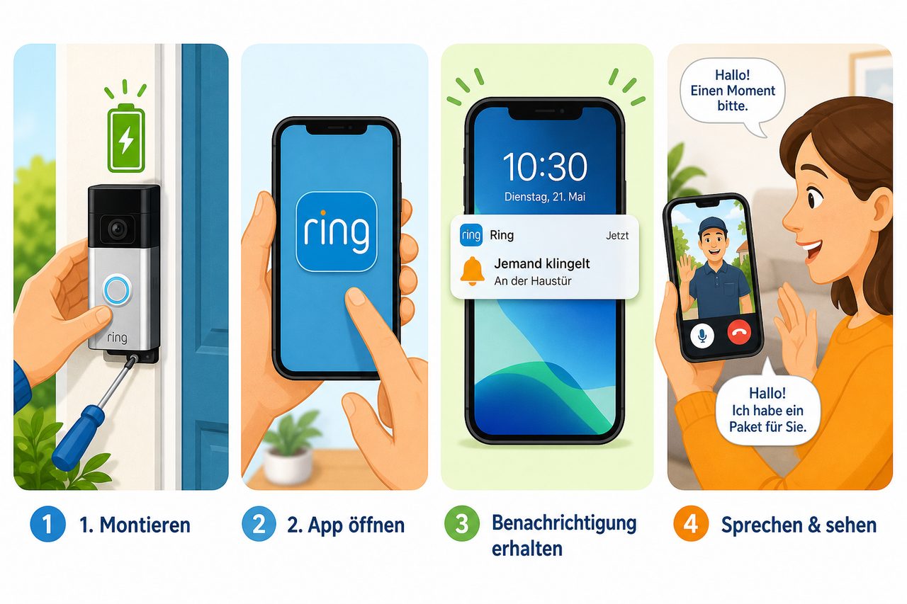 Schritt-für-Schritt Anleitung: Ring Doorbell montieren, App öffnen, Benachrichtigung erhalten, mit Besucher sprechen