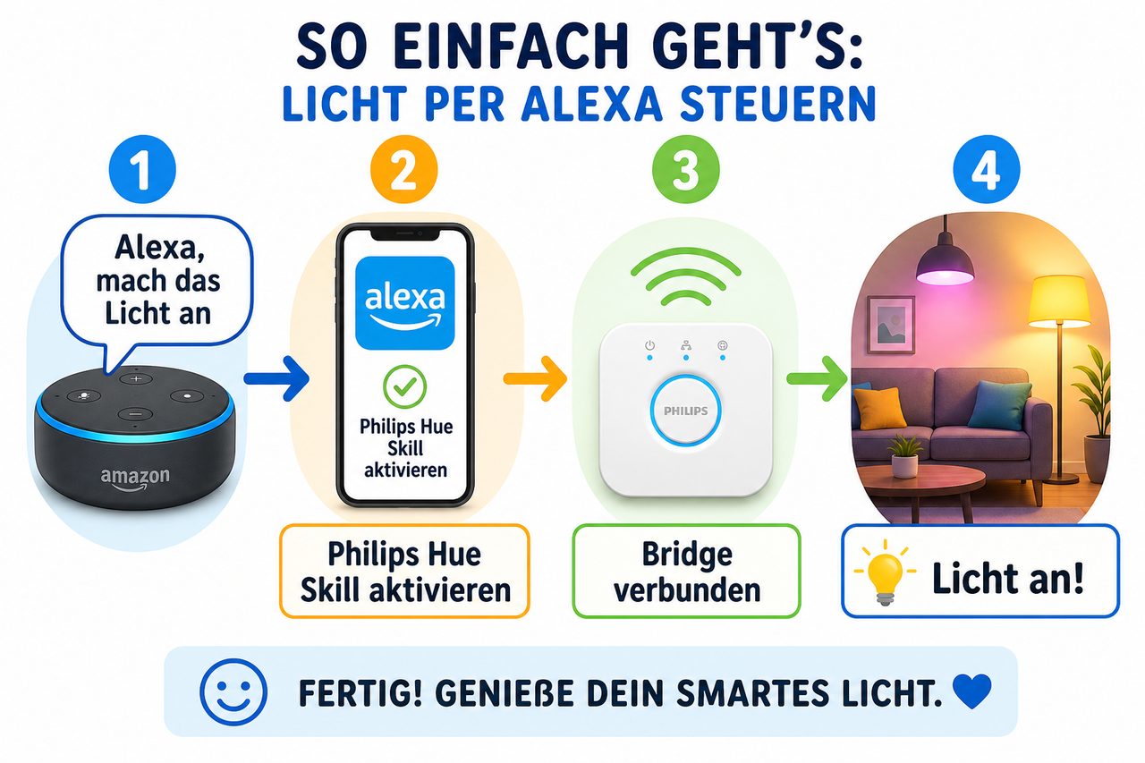 Schritt-für-Schritt-Diagramm: Echo Dot → Alexa App mit Hue Skill → Hue Bridge → Lampen an