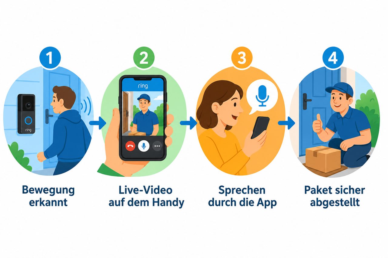 Einfaches Ablauf-Diagramm: Ring Doorbell erkennt Bewegung → Live-Video auf dem Smartphone → Sprechen durch die App → Paket wird abgestellt
