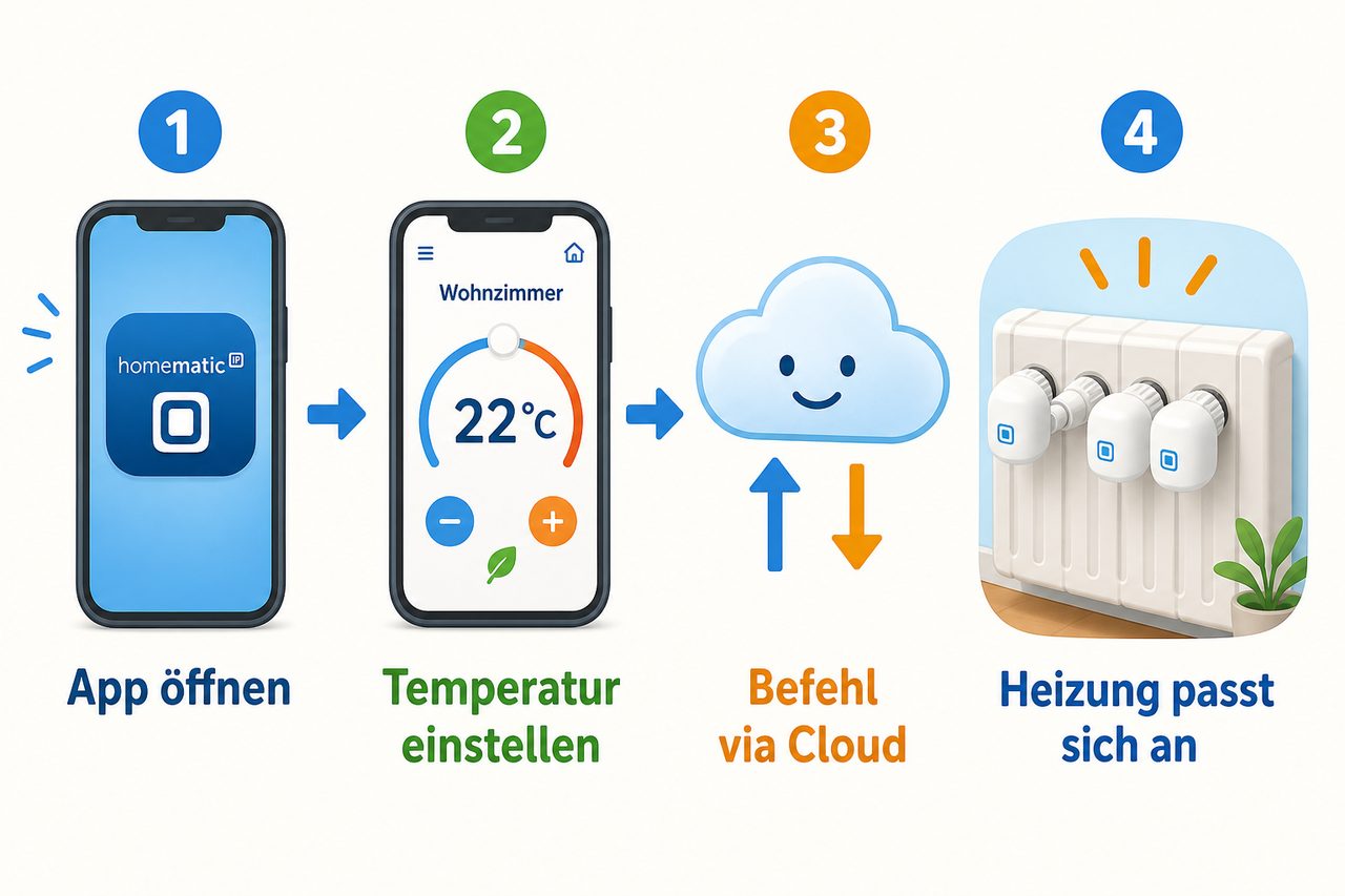 Schematische Darstellung: Smartphone-App → Cloud-Befehl → Homematic IP Thermostate passen Heizung an