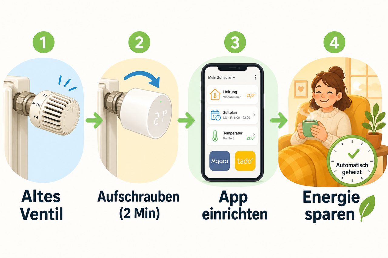 Schritt-für-Schritt Anleitung: Altes Thermostat → Smarten Thermostat aufschrauben → App konfigurieren → Automatische Heizung