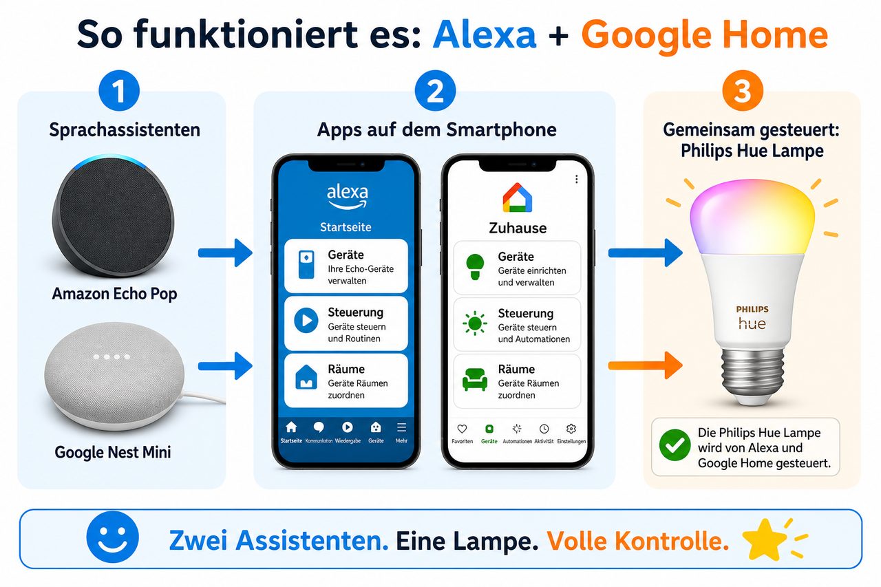 Diagramm: Alexa und Google Home steuern gemeinsam eine Philips Hue Lampe über separate Apps
