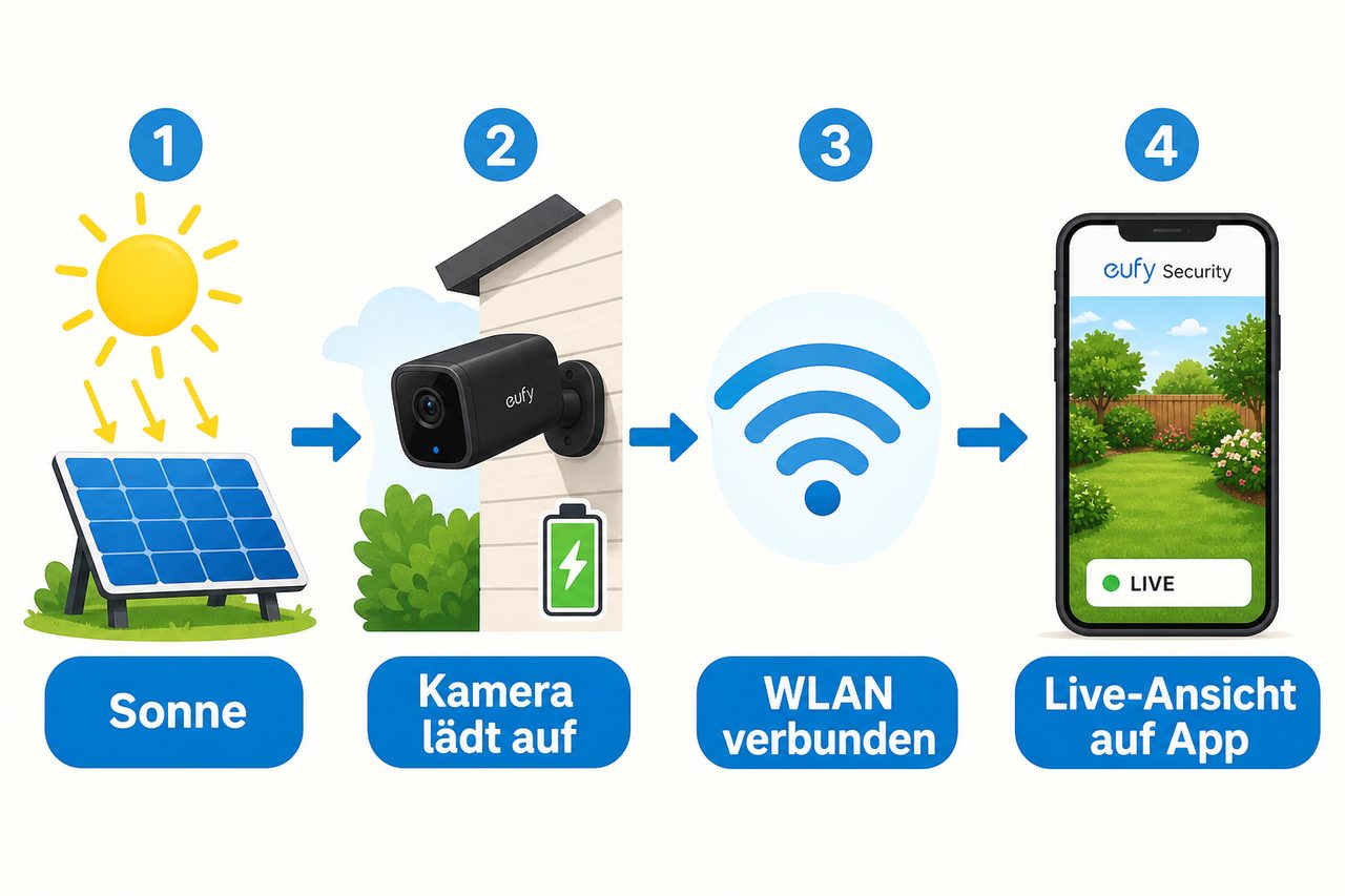 Schritt-für-Schritt-Diagramm: Sonne → Solarpanel → eufy Kamera → WLAN → Smartphone App mit Live-Gartenbild