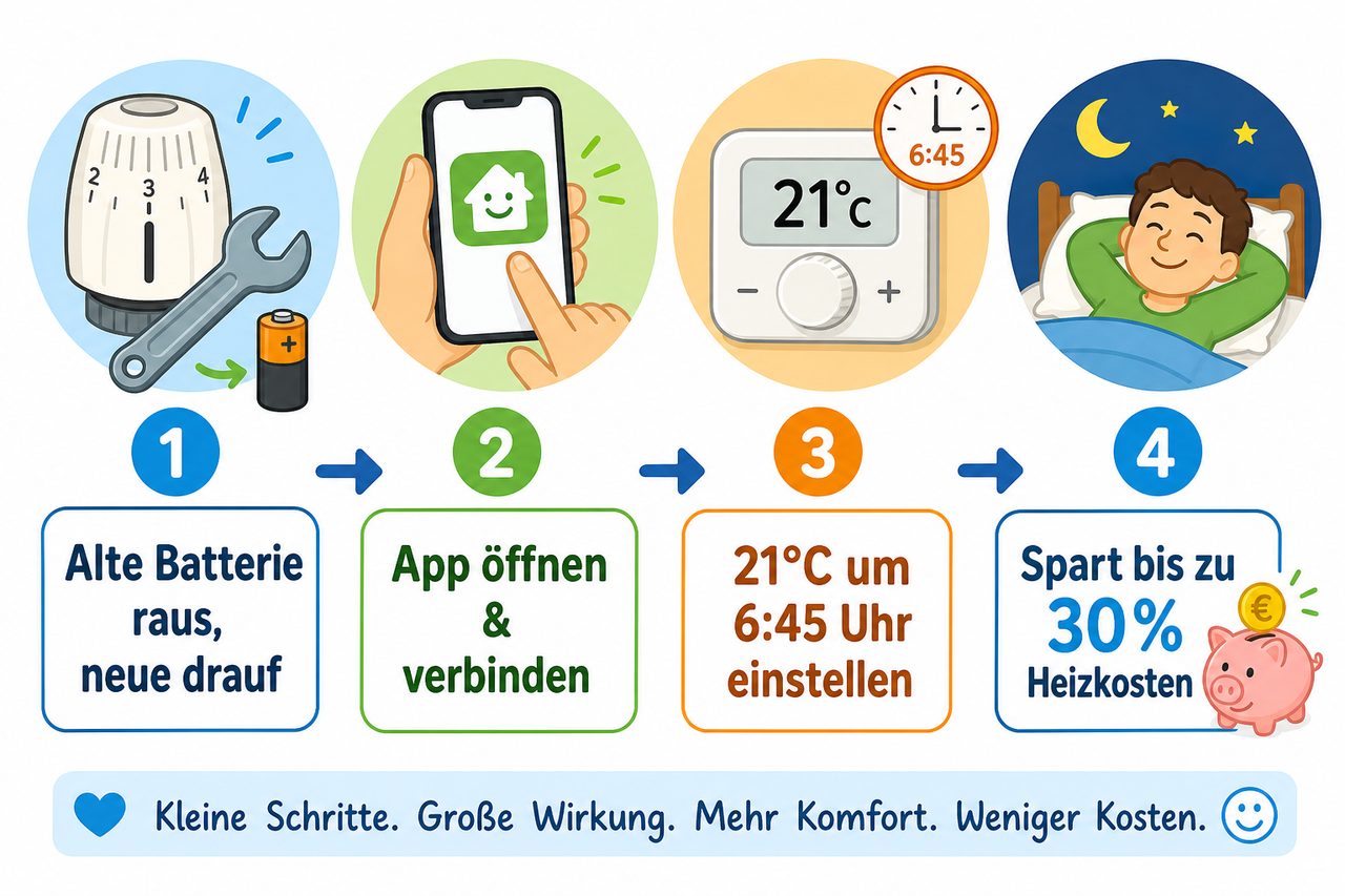 Schritt-für-Schritt Anleitung: Smarter Heizkörperthermostatkopf aufschrauben, App verbinden, Heizplan einstellen, Heizkosten sparen