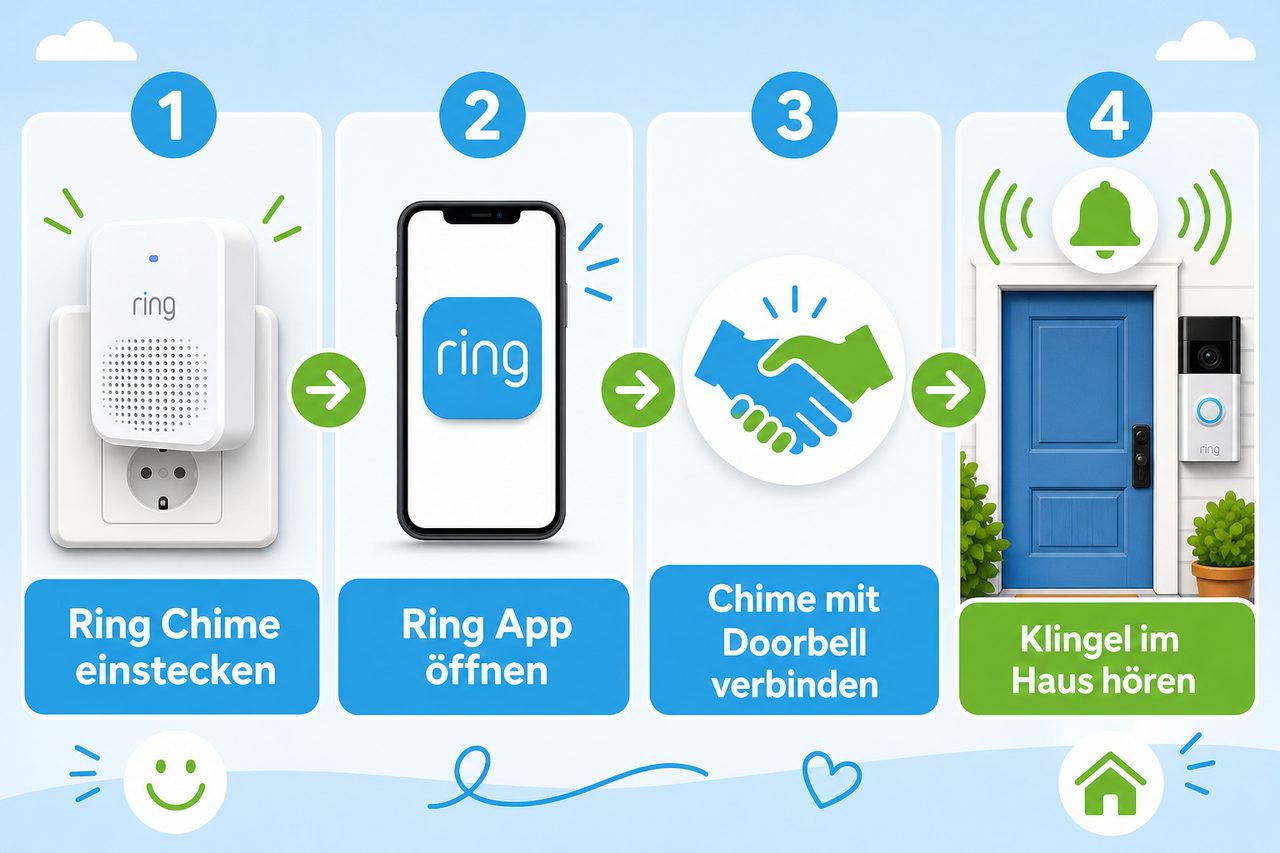 Vier-Schritte-Diagramm: Ring Chime einstecken → Ring App öffnen → Chime mit Doorbell verbinden → Klingel im Haus hören