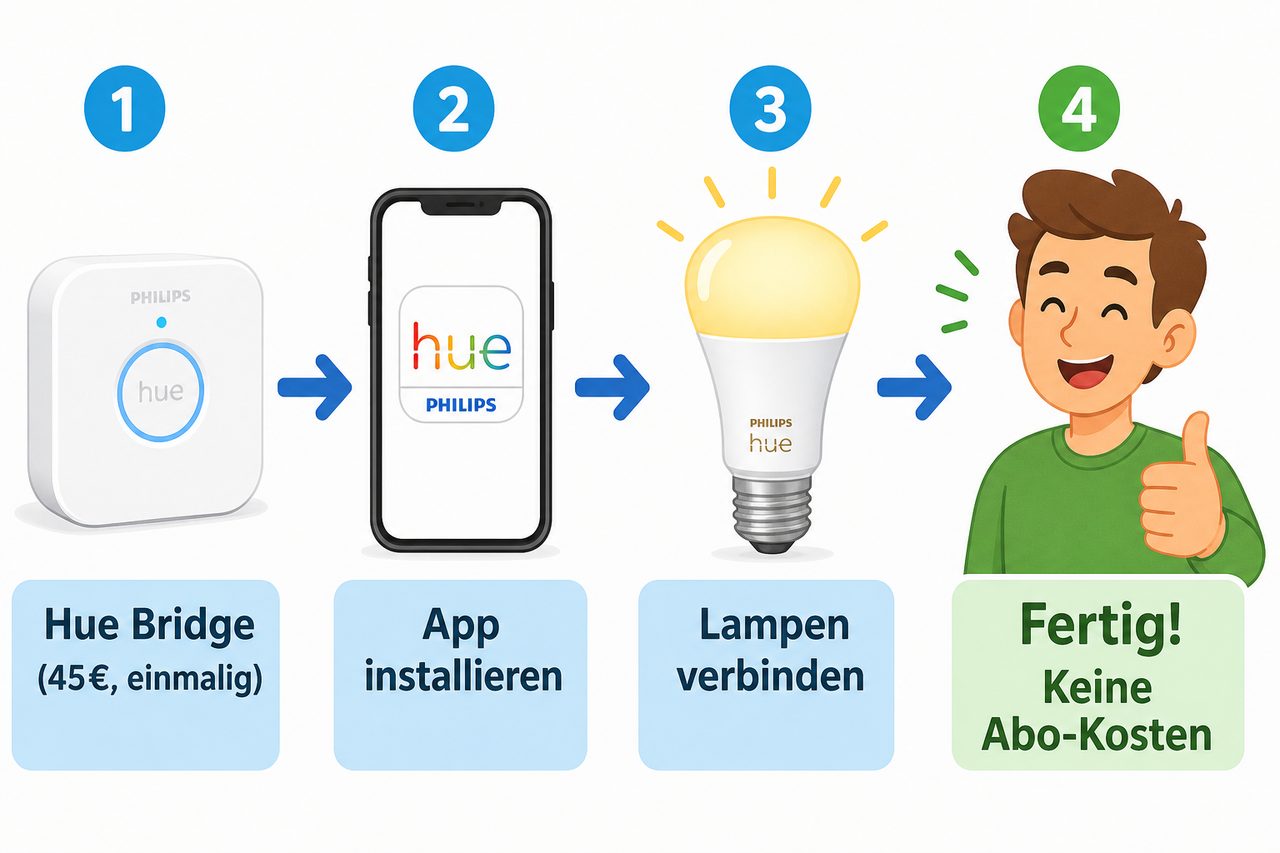 Schritt-für-Schritt Anleitung: Philips Hue Bridge kaufen, App installieren, Lampen verbinden, fertig — ohne Abo-Kosten