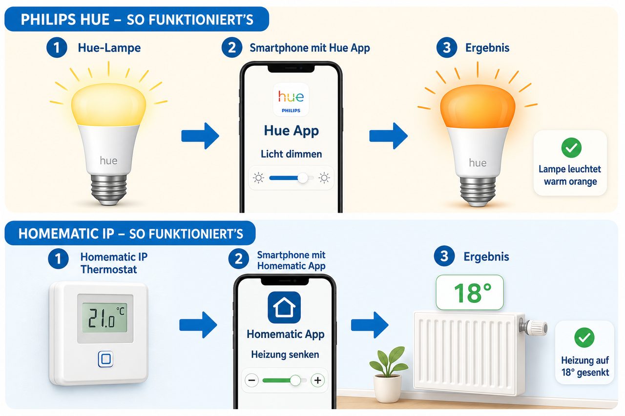 Vergleich-Diagramm: Philips Hue Lampensteuerung vs. Homematic IP Heizungssteuerung — jeweils Gerät, App, Ergebnis