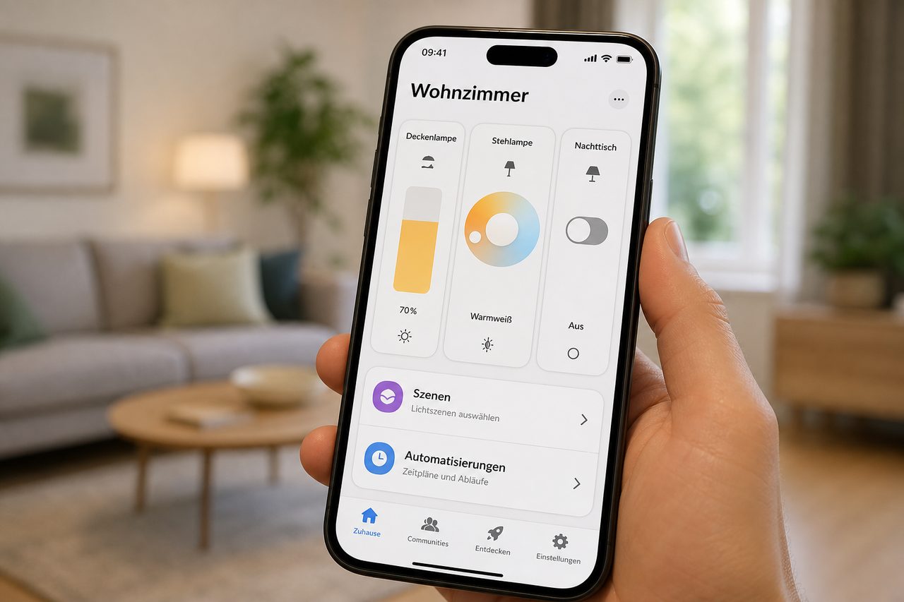 Philips Hue App auf dem Smartphone: Wohnzimmer mit drei Lampen-Reglern für Helligkeit, Farbe und An/Aus — einfache Bedienung ohne versteckte Abo-Kosten