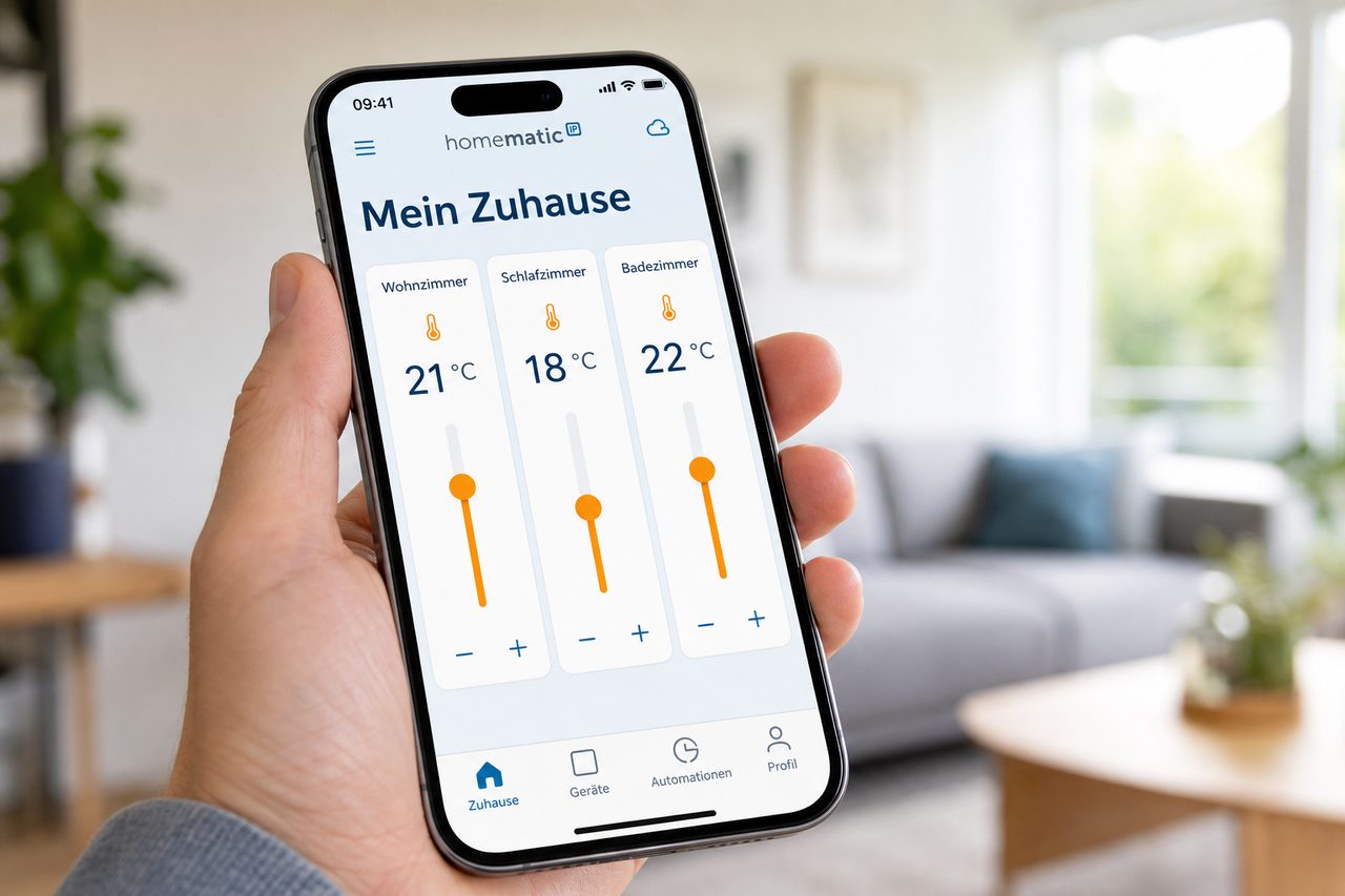 Homematic IP App auf dem Smartphone zeigt die Temperatursteuerung für Wohnzimmer, Schlafzimmer und Badezimmer