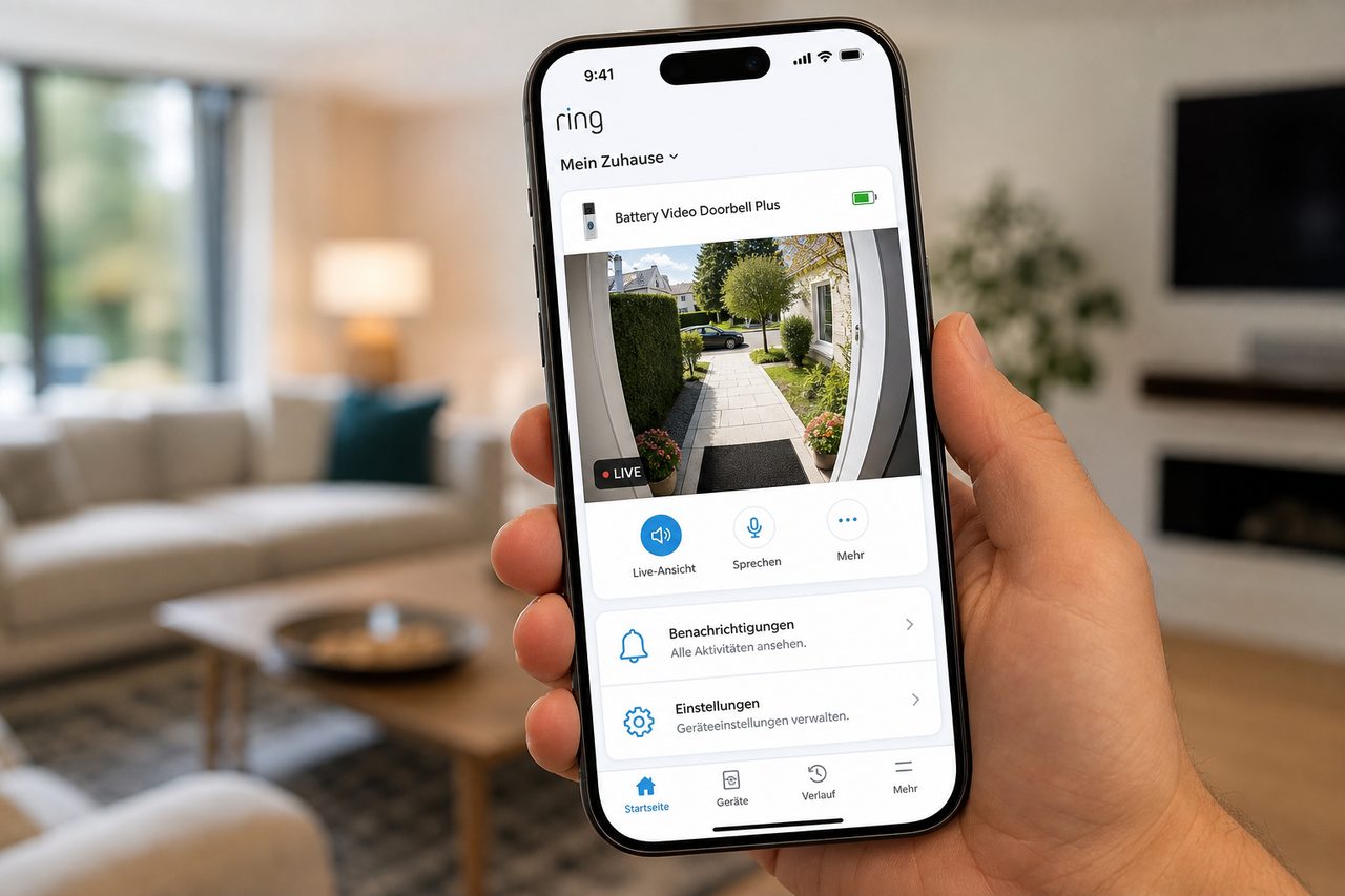 Ring App auf dem Smartphone zeigt die Türklingel und Benachrichtigungsoptionen