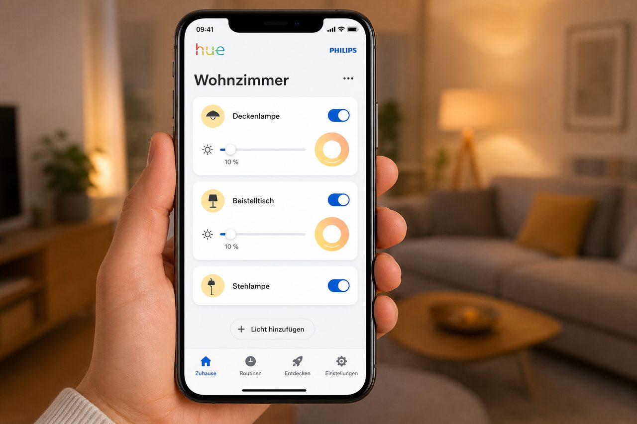 Philips Hue App auf dem Smartphone: Wohnzimmer-Übersicht mit Lampen-Reglern für Helligkeit und Farbe