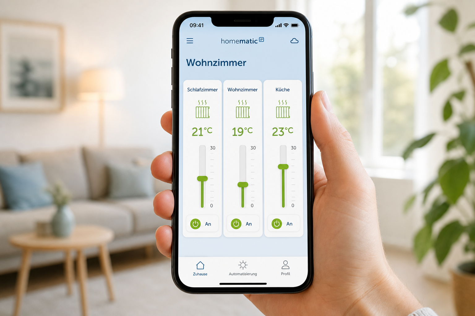 Homematic IP App auf dem Smartphone zeigt die Temperatursteuerung für drei Heizkörper im Wohnzimmer, Schlafzimmer und Küche