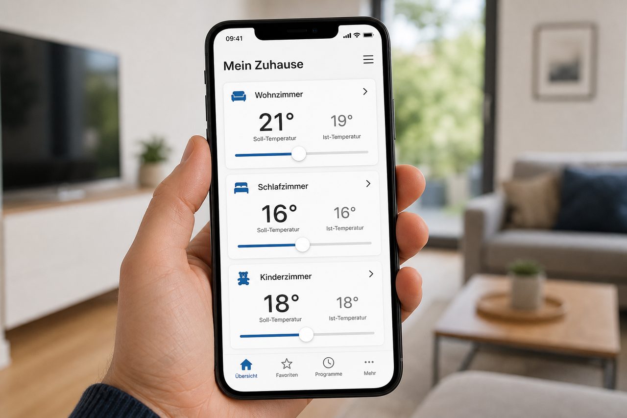 Homematic App auf dem Smartphone zeigt die Temperatursteuerung für Wohnzimmer, Schlafzimmer und Kinderzimmer