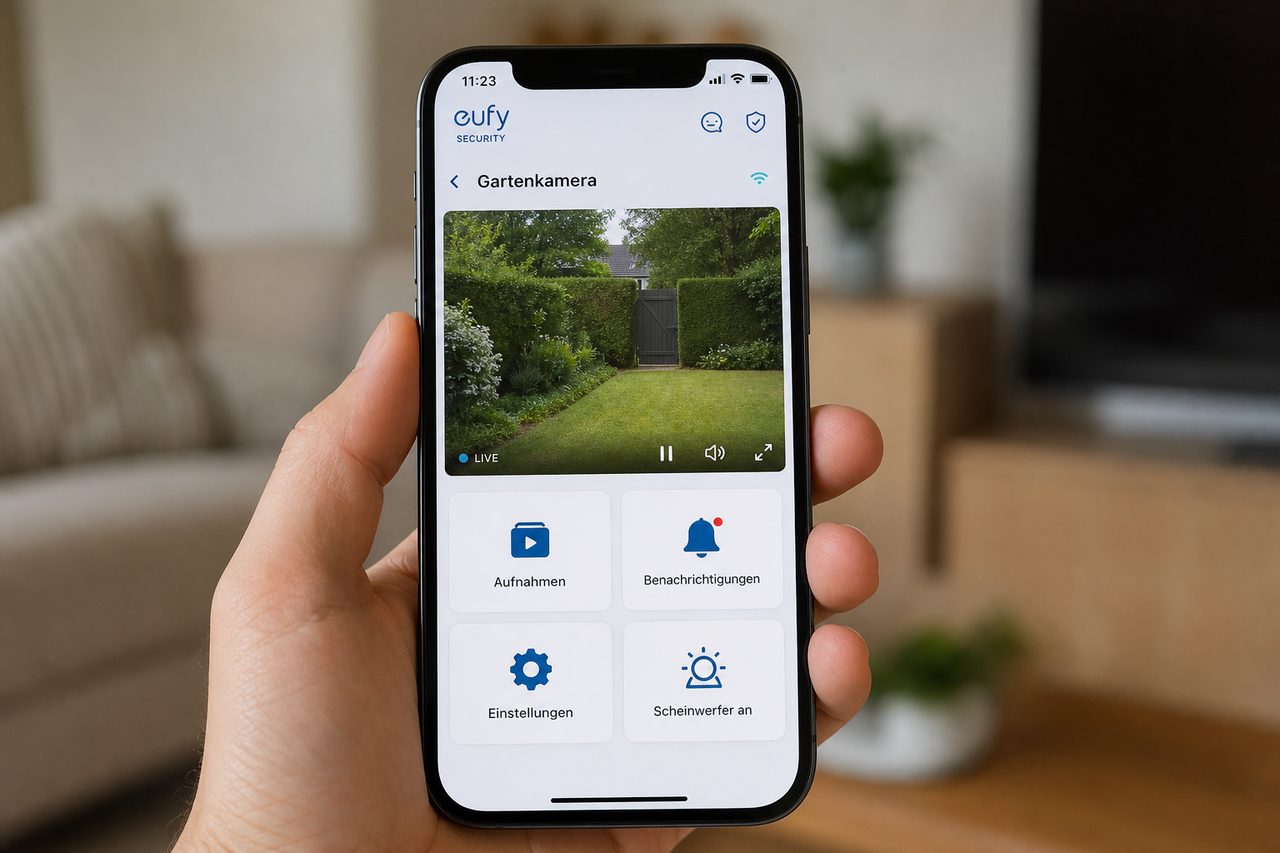 eufy Security App auf Smartphone zeigt Live-Ansicht der Gartenkamera mit Bedienbuttons für Aufnahmen und Scheinwerfer